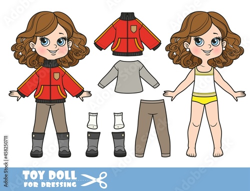 Cartoon girl with chestnut hairstyle dressed and clothes separately - demi-season insulated jacket, long-sleeved T-shirt, pants and boots doll for dressing