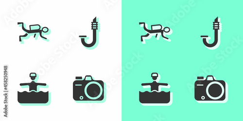 Set Photo camera, Scuba diver, Water gymnastics and Snorkel icon. Vector