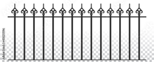 Classic Medieval Ancient Wrought Iron Fence. Vector. Iron Railing. Urban Design. Vintage Decor. Luxury Modern Architecture. Castle. City. Street. Park. Blacksmithing. Metal. Grey. Isolated On White.