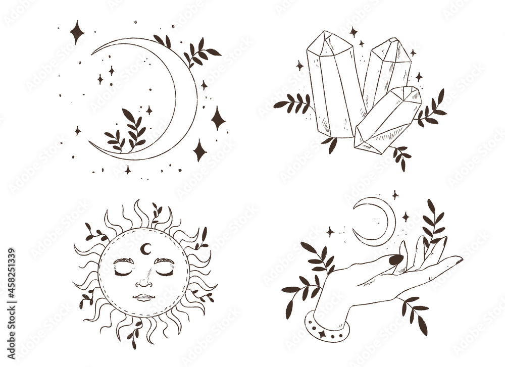 Mystical signs. Moon and sun. Illustrations for astrology. Illustrations for tattoos. 4 separate illustrations. Mystical signs. Moon and sun. Illustrations for astrology. Illustrations for tattoos. 4 separate illustrations.