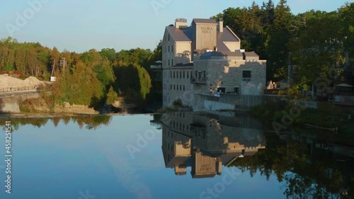 Grand River in Elora Ontario Canada at the top of Elora Gorge with the Tooth of Time in the background