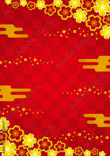 金の桜と市松模様の和風背景　中華イメージ　縦　　Japanese style  China  Cherry blossoms 
 background