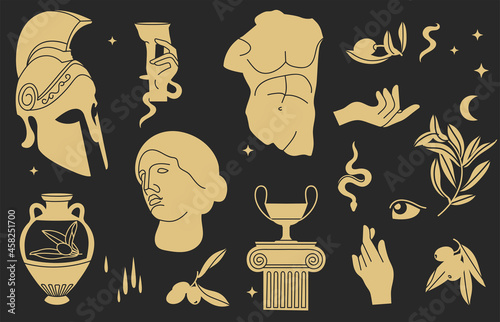 Vector illustration of bundle antique signs and symbols - statues, olive branch, amphora, column, helmet. Ancient greek or roman style elements.