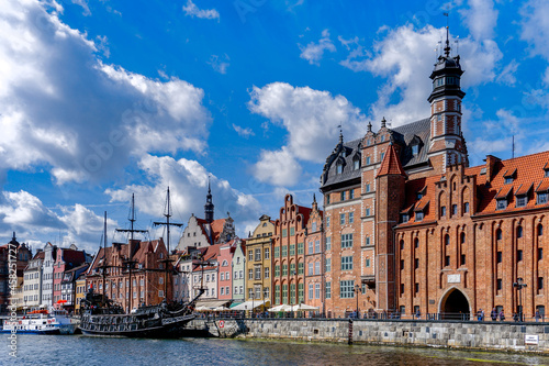 view of the Motlawa River waterfront in the historic Old Town pf Gdansk