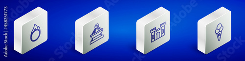 Set Isometric line Circus fire hoop, Boat swing, Castle and Ice cream waffle cone icon. Vector
