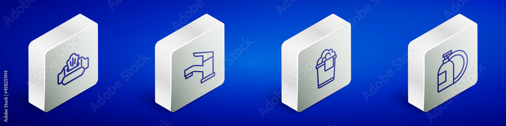Set Isometric line Wet wipe pack, Water tap, Bucket with foam and Dishwashing liquid bottle icon. Vector Set Isometric line Wet wipe pack, Water tap, Bucket with foam and Dishwashing liquid bottle icon. Vector