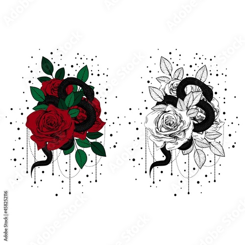 Vintage roses and snakes. Set of gothic tattoos. Collection of graphic and color isolated vector illustrations.