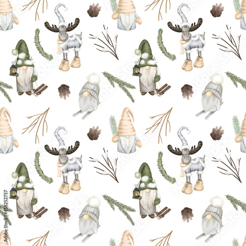 Christmas scandinavian forest gnomes, cute deer in the hat and fir cones and branches seamless pattern, hand drawn illustration on a white background