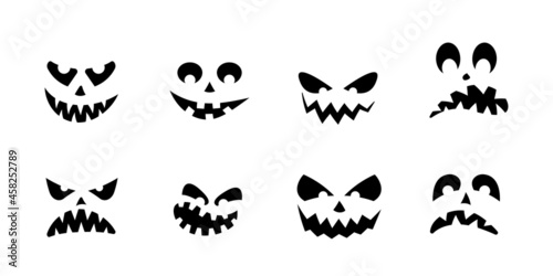 Halloween pumpkin face icon set. Scary, funny, happy, smile, creepy and spooky ghost faces. Vector illustration.