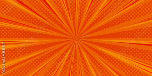 Halftone comic background. Orange wallpaper template with superhero design. Vector illustration in pop art style