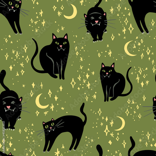Seamless vector repeat pattern with black cheeky cat in different poses on trendy muted olive green background. Night time cats with stars and crescent moons. Cute sophisticated Halloween character