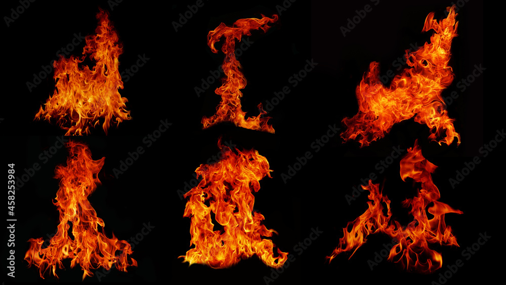 Flame Flame Texture For Strange Shape Fire Background Flame meat that is burned from the stove or from cooking. danger feeling abstract black background Suitable for banners or advertisements. - obrazy, fototapety, plakaty 