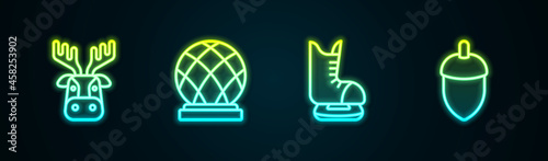 Set line Deer head with antlers, Montreal Biosphere, Skates and Acorn. Glowing neon icon. Vector