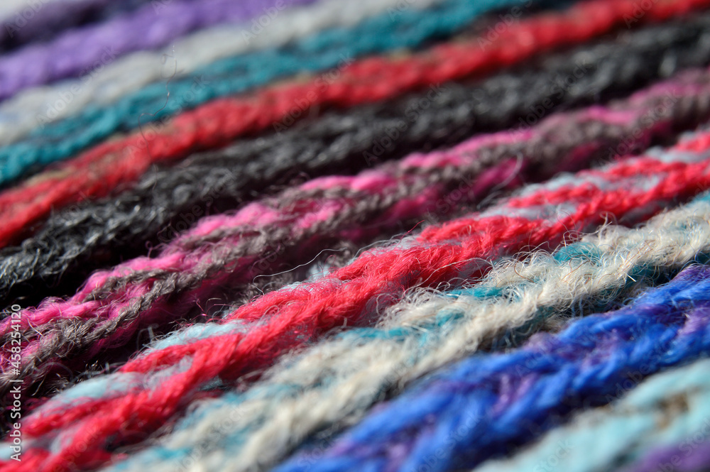 knitted multi-colored yarn. close-up.