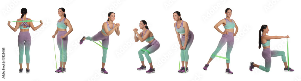 Woman doing sportive exercises with fitness elastic band on white background, collage. Banner design Woman doing sportive exercises with fitness elastic band on white background, collage. Banner design