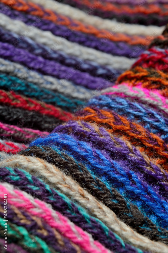 knitted multi-colored yarn. close-up.