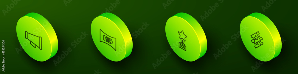 Set Isometric line Megaphone, Hd movie, tape, frame, Movie trophy and Cinema ticket icon. Vector