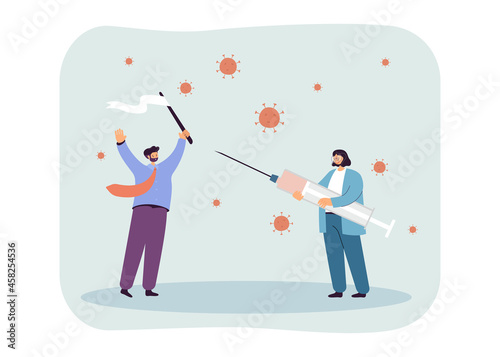 Woman pointing huge syringe at man with white flag. Girl fighting against anti vaccine movement flat vector illustration. Vaccination, medicine, coronavirus concept for banner or landing web page