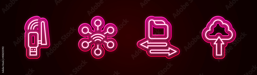Set line Usb wireless adapter, Network, Transfer files and Cloud upload. Glowing neon icon. Vector Set line Usb wireless adapter, Network, Transfer files and Cloud upload. Glowing neon icon. Vector
