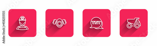 Set line Miner in a helmet, Gas mask, Dynamite and Mining dump truck with long shadow. Red square button. Vector