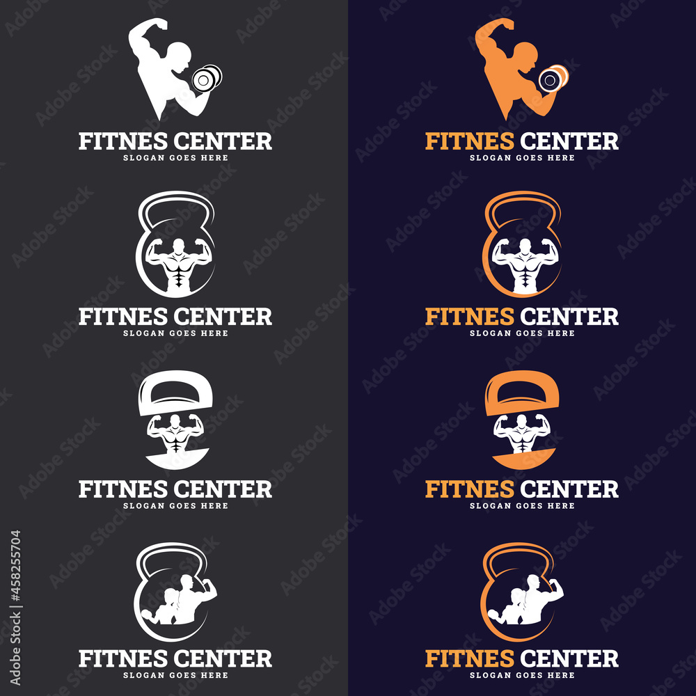 set of fitness badges. Fitness Gym logo design template. Labels in vintage style with sport silhouette symbols.
