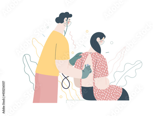 Auscultation - medical insurance illustration Stethoscope examination. Modern flat vector