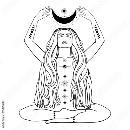 Hand drawn mystical woman with Sun, Moon, star in line art. Spiritual abstract silhouette young woman. Magic profile, esoteric talisman. Vector illustration isolated on white background