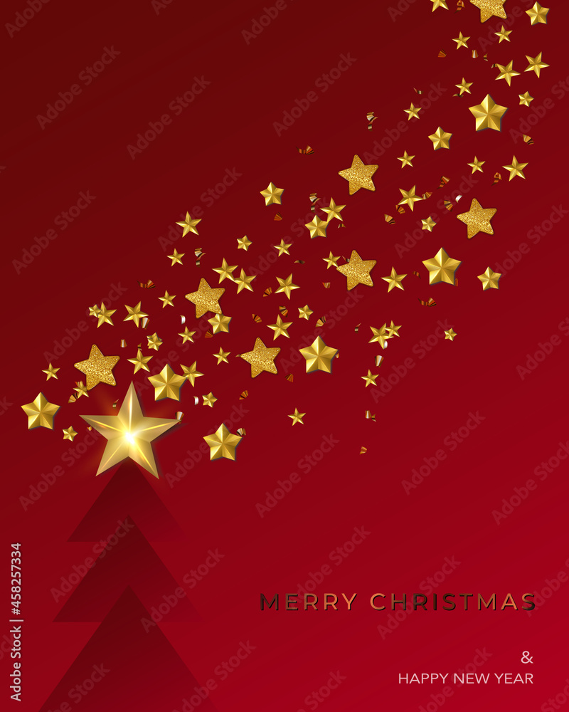 Abstract Christmas trees, gold stars Christmas and New Year red card.