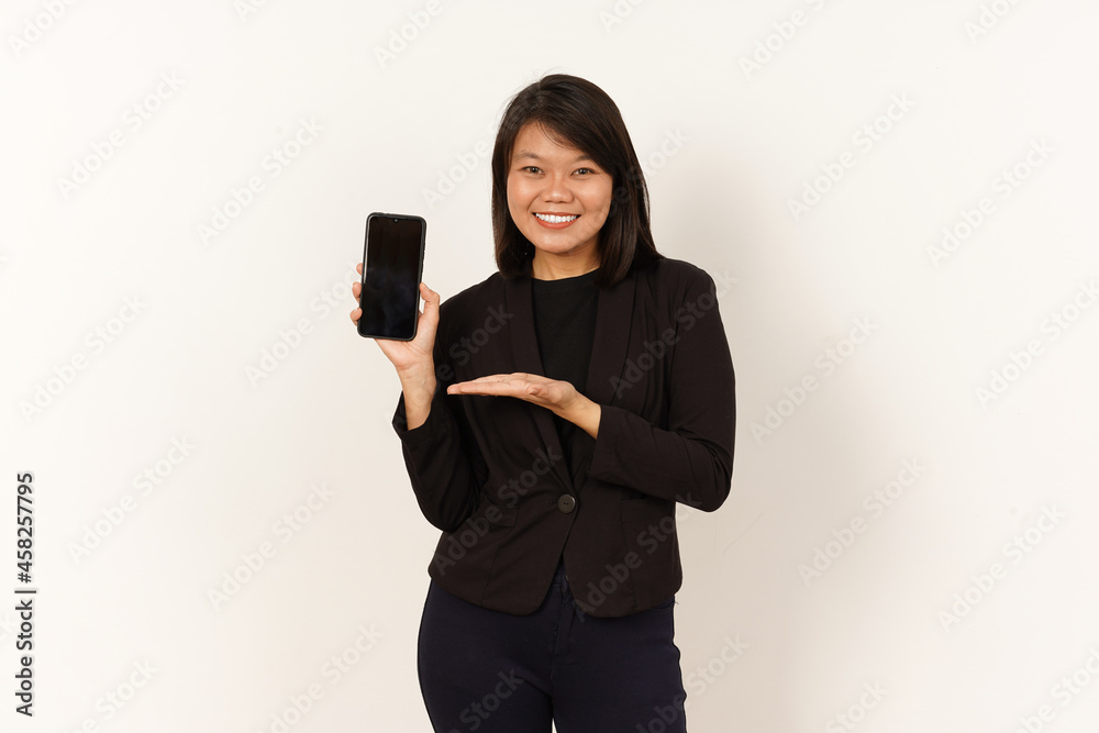 Beautiful Asian Woman Wearing black suit Holding smartphone and showing blank smartphone screen Isolated on white background Beautiful Asian Woman Wearing black suit Holding smartphone and showing blank smartphone screen Isolated on white background