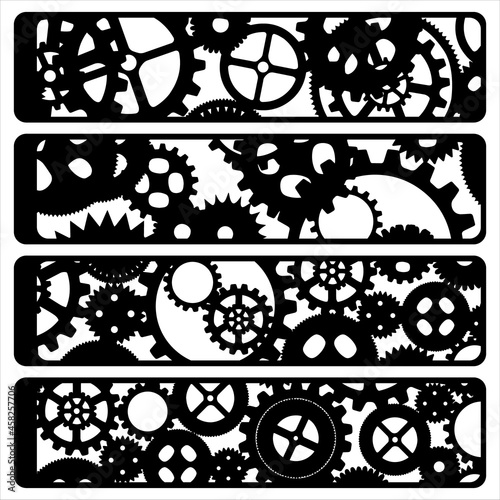 Vintage wheels of mechanical machine bookmarks set  black and white
