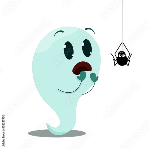 one little ghost frightened by a spider descending on a spider web