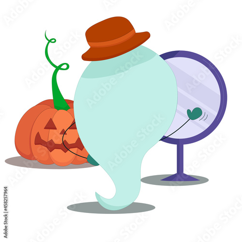 halloween ghost trying on a hat in front of a mirror