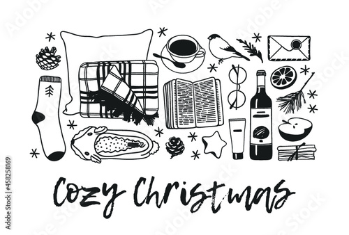Hand drawn Holiday fashion illustration. Creative ink art work. Actual vector drawing. Winter set: plaid, book, sock, mail, tea cup, slippers and other cozy things