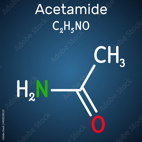 Acetamide, ethanamide molecule. It is a monocarboxylic acid amide, used as plasticizer in the processes of obtaining leather, paper. Structural chemical formula on the dark blue background