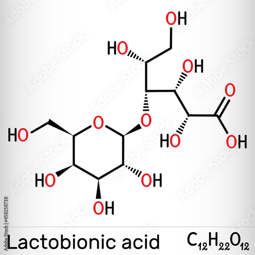 Lactobionic acid, lactobionate  molecule. It is PHA, polyhydroxy acid, disaccharide, sugar acid, food additive E399. Skeletal chemical formula photo