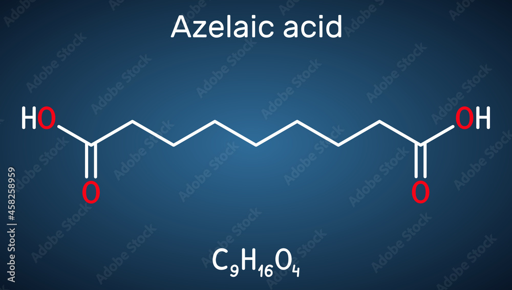 Azelaic acid, AzA, nonanedioic acid molecule. It is saturated dicarboxylic acid, is effective against a number of skin conditions, acne. Dark blue background. Vector illustration Azelaic acid, AzA, nonanedioic acid molecule. It is saturated dicarboxylic acid, is effective against a number of skin conditions, acne. Dark blue background. Vector illustration