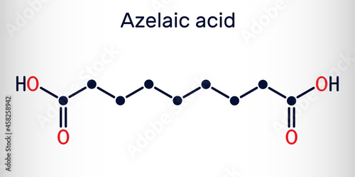 Azelaic acid, AzA, nonanedioic acid molecule. It is saturated dicarboxylic acid, is effective against a number of skin conditions, acne. Skeletal chemical formula photo