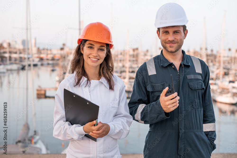 Positive logistics workers in port Positive logistics workers in port