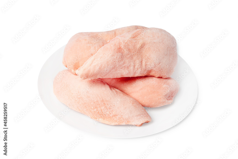 Three pieces of raw frozen fillet on a white plate on a white plate copy space. Three pieces of raw frozen fillet on a white plate on a white plate copy space.