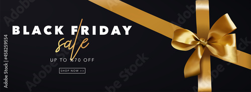 Black Friday Sale banner template. Realistic gold ribbon vector and golden sale text for website. Vector illustration for Christmas design, party, sale, discount, poster, header web.