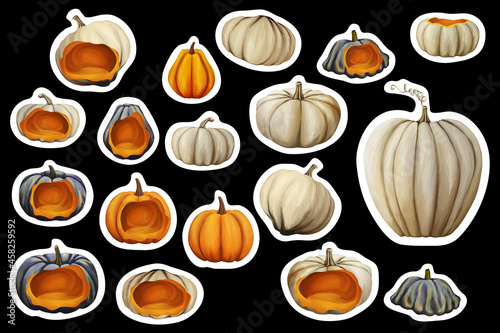 Bright drawn pumpkins sticker pack isolated © Julia