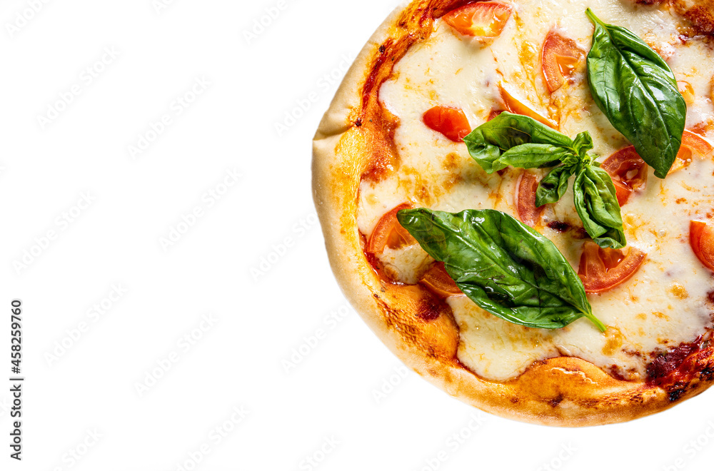 Pizza with Mozzarella cheese, Tomatoes, pepper, Spices. Italian pizza. Pizza Margherita or Margarita isolated on white background Pizza with Mozzarella cheese, Tomatoes, pepper, Spices. Italian pizza. Pizza Margherita or Margarita isolated on white background