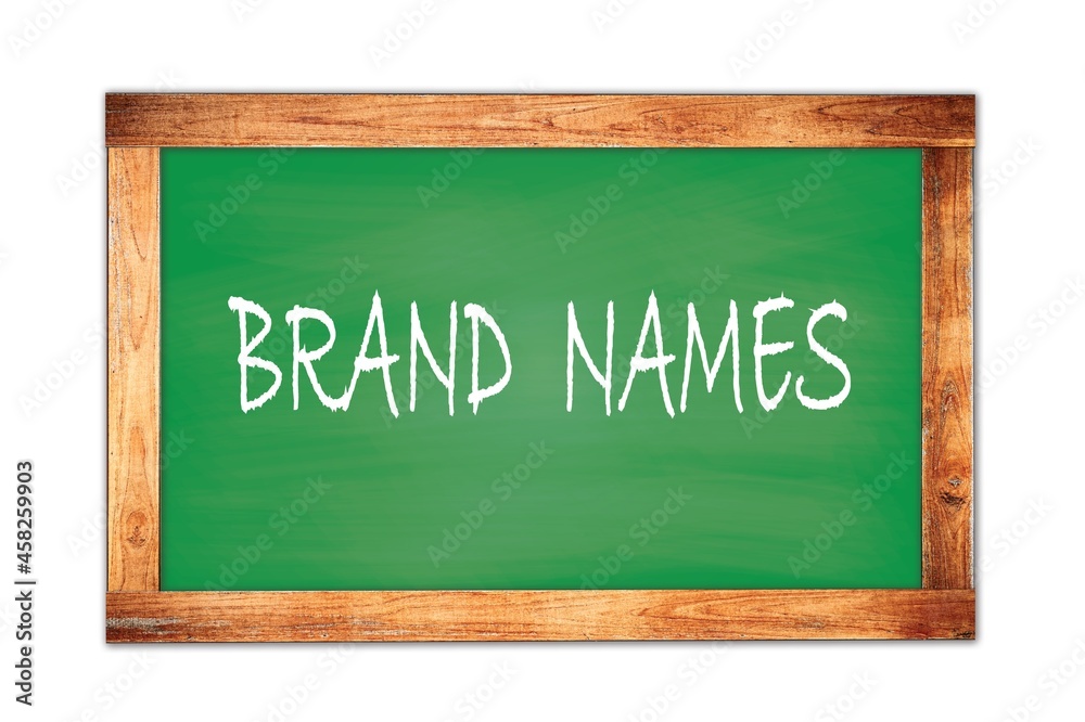 BRAND NAMES text written on green school board. BRAND NAMES text written on green school board.