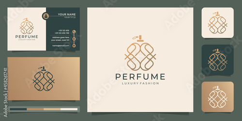 elegant minimalist perfume logo with creative luxury line style concept and business card design template.