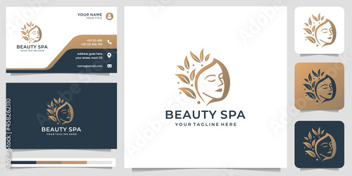 beauty spa logo. woman face inspiration.feminine salon logo,beautiful face with leaf stylized and business card.