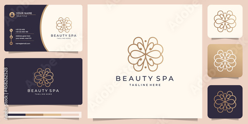 feminine linear beauty spa logo design. golden floral abstract with business card illustration.