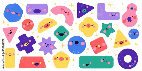 Geometric shapes characters. Funny different simple figures, square triangle and circle forms, cute faces, abstract color kids characters, cartoon emotions design, vector with texture set