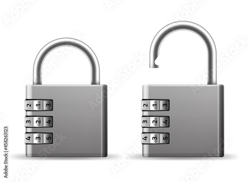 Padlocks combination. Realistic metallic locks. Secret key code. Rotating wheels with numbers. Safety items. Interlock equipment. Open and close view. Vector protection mechanisms set