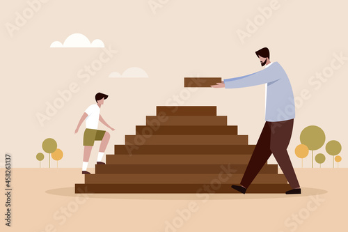 Conceptual illustration of a father building steps for his son to climb up a pyramid. 