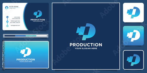 creative modern production logo with initial letter p and camera in silhouette shape.